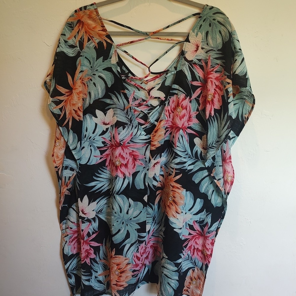 Kona Sol Women's Black Sheer Floral Print Cover-Up Sz Small Vacation Cruise Pool - Picture 3 of 7